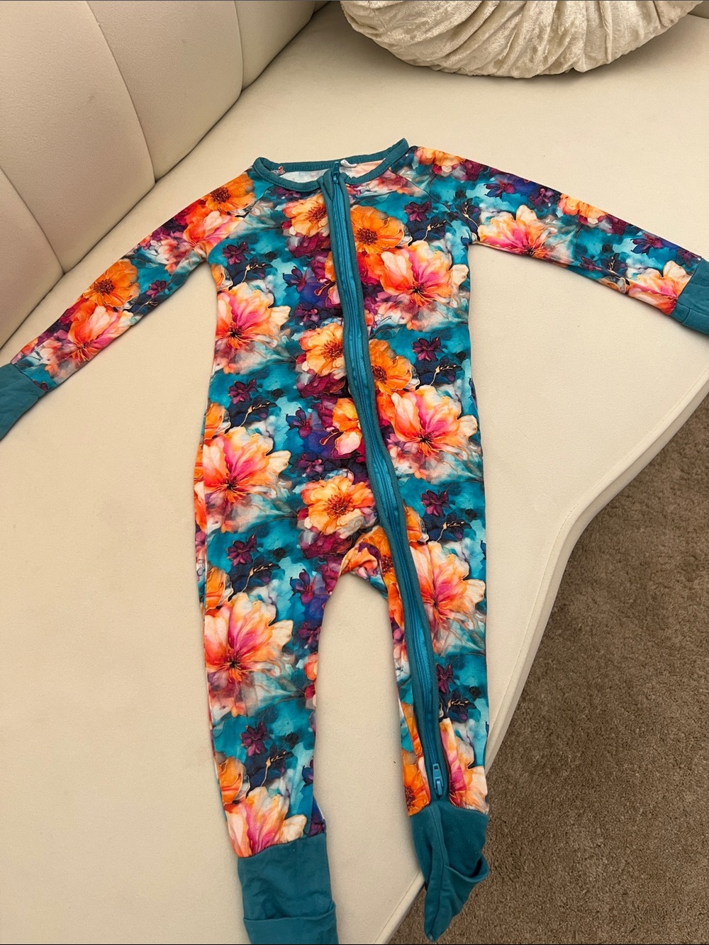 Kids Floral Zip-Front One-Piece bamboo pajama in Teal & Orange